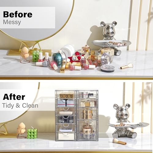 Prsildan Acrylic Drawer Makeup Organizer with 10 Drawers, Set of 2 Office Desk Organizers Accessories, Clear Stackable Storage Drawers for Vanity, Countertop, Craft, Jewelry, Art Supply Organization - style: 10 Drawers