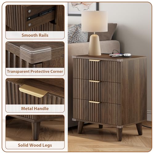 Lulive Wood Nightstand Set of 2 with Charging Station, 3 Drawers Fluted Design, Modern End Table for Bedroom Walnut - color: Walnut, size: 3 Drawers-Set of 2 Nightstand