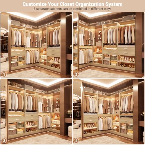 Unikito 86" Corner Closet System, Modular Closets Organizer with 4 Hanging Rods and Storage Shelves, Freestanding Wood Clothes Garment Rack with Drawers, Sturdy Walk in Closet Tower, White Oak - color: White Oak, size: 86 Inch