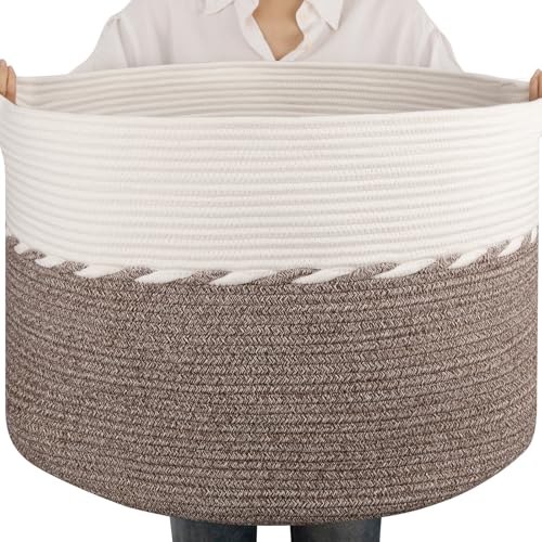 OIAHOMY 105L Blanket Basket for Living Room, Large Basket 23.6" x 23.6" x 14.6" with Handle, Laundry Hamper for Blankets, Pillows, Toy Storage for Kids, Dogs - Brown & White - color: Brown & White, size: 23.6" x 23.6" x 14.6"