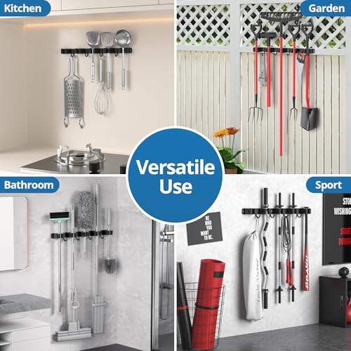2 Pack Mop and Broom Holder Wall Mount, 5 Racks and 4 Hooks Broom Organizer Storage Garage Tool Racks Wall Mounted Mop Hanger for Home Kitchen Garden Laundry (Black) - style: 2 PACK BLACK