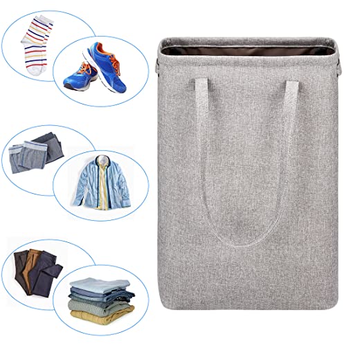 i BKGOO Laundry Basket with Handles Grey Coffee-Slim Laundry Bin Collapsible Dirty Clothes Basket Narrow Laundry Bag Foldable Dirty Hamper for Camping, Dorms, Apartments - color: Grey