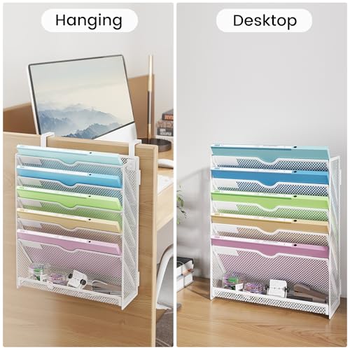 Hanging Wall File Organizer 6-Tier Wall Mount Mail Organizer & Desk Paper Organizer, Sleek White Metal File Folder Holder for Office, Cubicle, Bedroom | All-in-One Document Storage Shelf - color: White-1pack