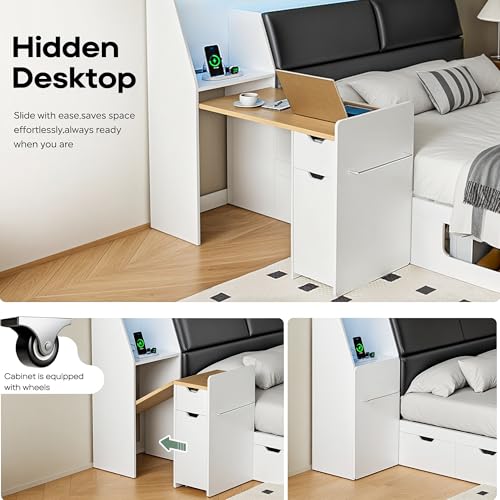 Kikihouse Full Size Platform Bed with Foldable Desk & Storage Headboard | Bookshelf, 4 Drawers, LED Lights, USB Ports, No Box Spring Needed, Space-Saving - size: Full