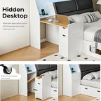 Kikihouse Full Size Platform Bed with Foldable Desk & Storage Headboard | Bookshelf, 4 Drawers, LED Lights, USB Ports, No Box Spring Needed, Space-Saving - size: Full