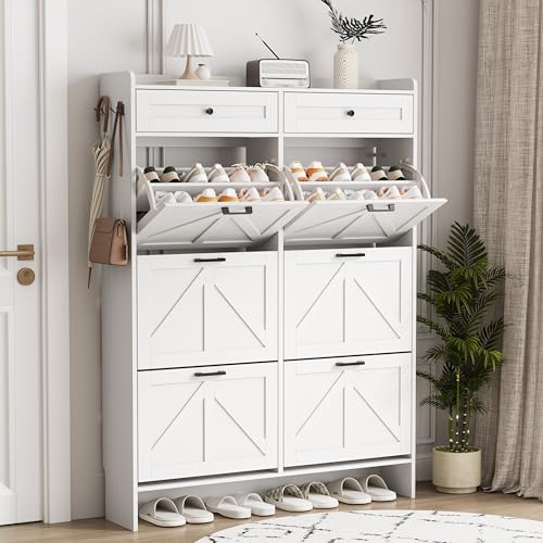 Shoe Cabinet with 6 Flip Drawers & 2 Top Drawers, 57" Tall Freestanding Narrow Wooden Shoe Storage Organizer for Entryway, Hidden Slim Shoe Rack for Front Door Entrance, Hallway, Living Room, White - color: White, size: 6 Flip Drawers