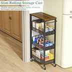 XYZLVSI Slim Storage Cart 4 Tier Fruit and Vegetable Baskets for Kitchen Small Space, Narrow Laundry Cart on Wheels with Wooden Top and Metal Handle for Pantry, Bathroom, Laundry Room - size: 16.7"Dx9.1"Wx34"H