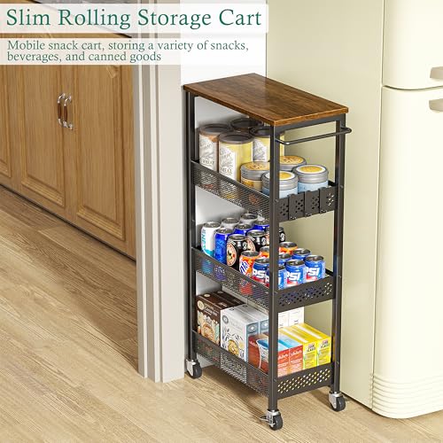 XYZLVSI Slim Storage Cart 4 Tier Fruit and Vegetable Baskets for Kitchen Small Space, Narrow Laundry Cart on Wheels with Wooden Top and Metal Handle for Pantry, Bathroom, Laundry Room - size: 16.7"Dx9.1"Wx34"H