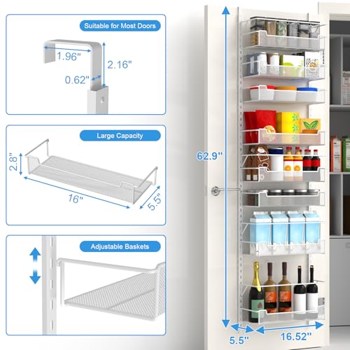 VyGrow Over the Door Pantry Organizer, 8-Tier Over the Door Organizer with Adjustable Basket, Pantry Door Organization for Pantry Kitchen Storage Room Spice Rack, White - color: White, size: 16.5"W 8-Tier