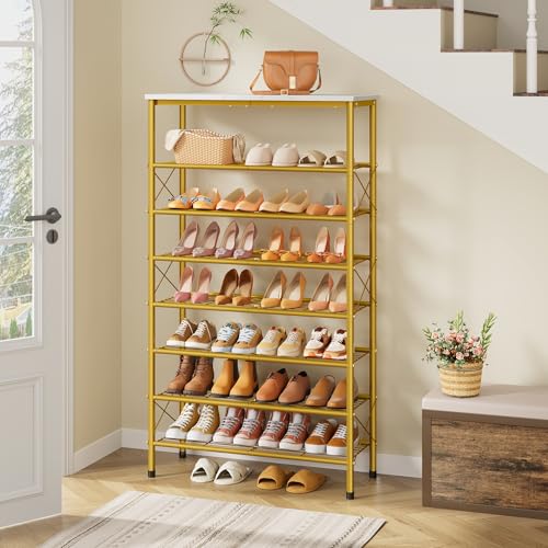 Tajsoon 8 Tier Shoe Rack Organizer for 28-32 Pairs of Shoes, Metal Mesh Shoe Shelf for Closet, Industrial Shoe Rack for Entryway Shoe Storage with X Shape Fixed Frame, White & Gold - color: White & Gold, size: 8-Tier