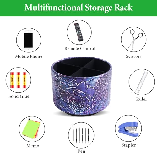 Round Leather Art Supply Organizer,Remote Control Holder,360 Degree Spinning,Multi-Functional Pencil Holder,4 Compartments Desktop Stationary Organizer(1-Rich Flower Purple) - color: 1-Rich Flower Purple