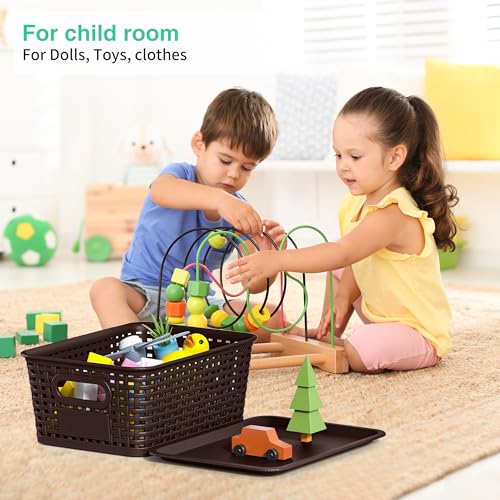 8-Pack Brown Plastic Storage Baskets with Lids, Label Organizers, Stackable Organizer Containers: For Organizing Shelves, Drawers, Desk Closets, Playrooms, Classrooms, Offices - color: Brown
