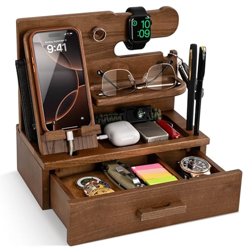 TESLYAR Wood Phone Docking Station with Drawer - Nightstand Organizer - Desk Organizer for Husband - Birthday Gifts for Men, Dad, Anniversary Idea, Key Holder Stand Watch & Accessories (Desert Beige) - color: Desert Beige