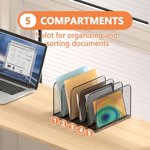 Piskyet Wooden Desk File Organizer, 5-Section Vertical File Folder Holder Stand,Metal Mail Paper Chromebook Organizer for Teacher Desk Office Classroom Desktop Organization - size: 5-Section