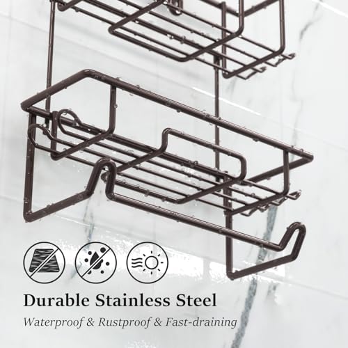 Shower Caddy Hanging over Shower Head Rust Roof Shower Organizer with 10 Hooks for Razor Shampoo Holder Bathroom Shower Rack Storage Shelf with Towel Bar – Bronze - color: A-Bronze