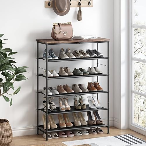 INGIORDAR Shoe Rack Organizer 6 Tier Metal Organizer Shelf with Industrial MDF Board and Layer Fabric for Entryway Closet Bedroom Living Room Garage,Black & Rustic Brown (Black+Rustic Brown, 6 Tier) - color: Black+rustic Brown, size: 6 Tier