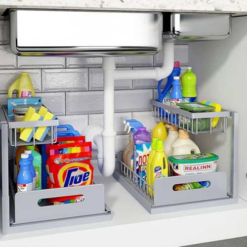 REALINN Under Sink Organizer, Pull Out Cabinet Organizer 2 Tier Slide Out Sink Shelf Cabinet Storage Shelves, Storage for Kitchen Bathroom, Grey, 2 Pack - color: Grey, size: 2 Pack