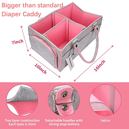 Baby Diaper Caddy Organizer for Girl Boy Large Nursery Storage Bin Basket Portable Holder Tote Bag for Changing Table and Car Baby Shower Gifts Newborn Essentials Baby Registry Must Haves Items - color: pink