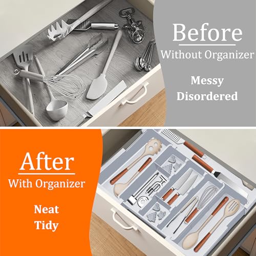 Spaclear Large Utensil Drawer Organizer Expandable Silverware Organizer for Kitchen Drawer Adjustable Cooking Utensil Holder Cutlery Flatware Tray Spatula Tools Gadgets Storage Dividers Plastic Grey - color: Grey