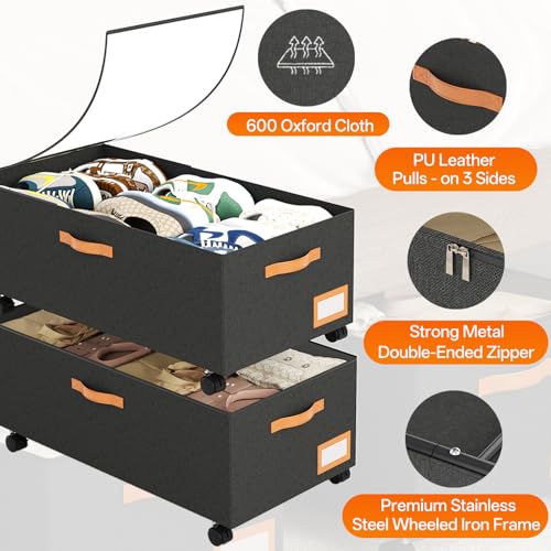 Under Bed Storage with Wheels, 12" Height Under Bed Storage Extra Deep Under Bed Storage Containers, Perfect for 14'' Bed Frame, No Assemble Metal Rolling Underbed Storage for Clothes Shoes Blankets - color: Extra-Tall Design