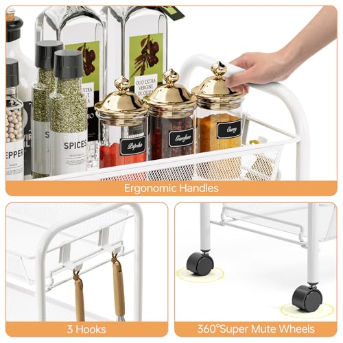 TOOLF 5-Tier Rolling Cart, Metal Utility Cart with 3 Hooks, Easy Assemble Mobile Storage Trolley On Wheels, Metal Shelving Units Kitchen Bathroom Laundry Room - color: White, size: 5-Tier