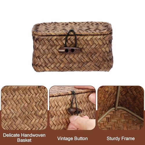 Seagrass Basket Bin with Lid Mini Size Handwoven Wicker Storage Container Storage Basket Decorative Desktop Organizer for Shelf Bathroom Home Decor, 4.3"x2.5"x2.1" - size: 4.3"L x 2.5"W x 2.1"H