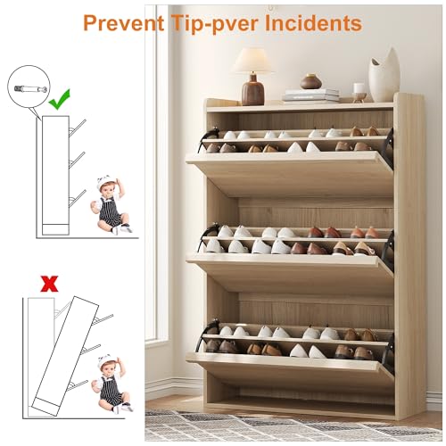 GarveeHome Shoe Cabinet with 3 Flip Drawers, Wooden Shoe Organizer Cabinet with Adjustable Shelf, Shoe Storage for Entryway, Hidden Shoe Cabinet for Hallway, Living Room, Natural Oak - color: Natural Oak, size: 3-Drawers