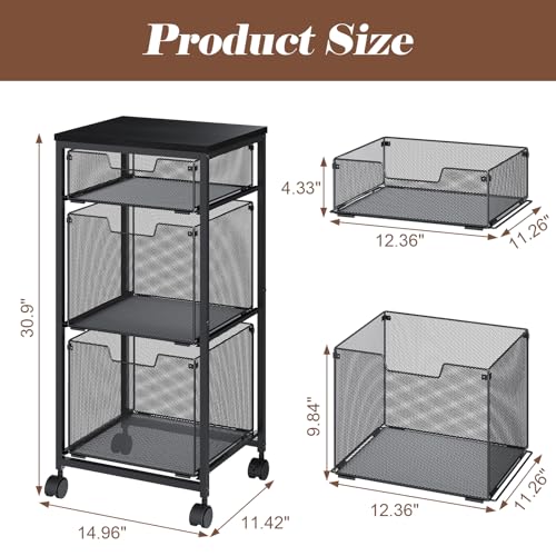 Sbanmao 3 Drawer Mobile File Cabinet for Home Office, Rolling Filing Cabinet on Lockable Wheels, Hanging File Folders Organizer, Utility Cart Storage and Organizer, Printer Stand, Black - color: Black, size: 1 Small + 2 Large Drawers