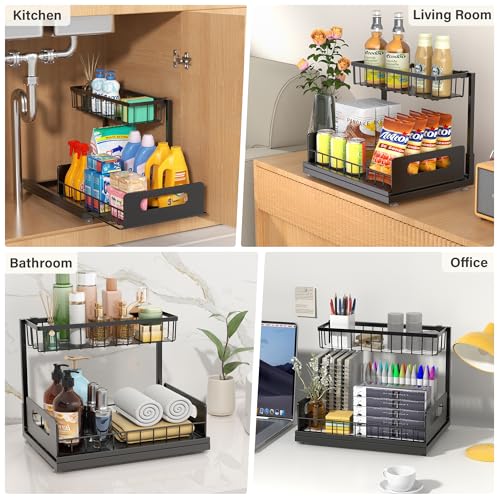 Under Sink Organizer 2 Tier, Pull Out Drawer Slides Under Sink Storage for Bathroom Kitchen,Multi-Purpose Drawer Under Cabinet Organizer for Cleaning Supplies (Black, 2 Pack) - color: Black, size: 2 Pack
