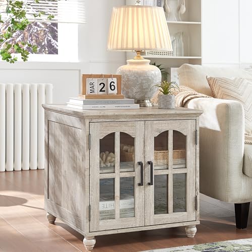 RWYHG Farmhouse End Table with Charging Station,24" Large Sofa Side Table with Glass Barn Door,Rustic Wood Night Stand with Adjustable Storage Shelf,Square Bedside Table for Living Room,Bedroom Office - color: Grey, size: Set 1
