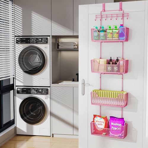 HapiRm Over Door Organizer Storage - Hanging Door Organizer with 4 Metal Large Capacity Baskets and Adjustable Coat Hook for Bathroom Bedroom Kitchen Pantry Closet Cabinet - color: Pink