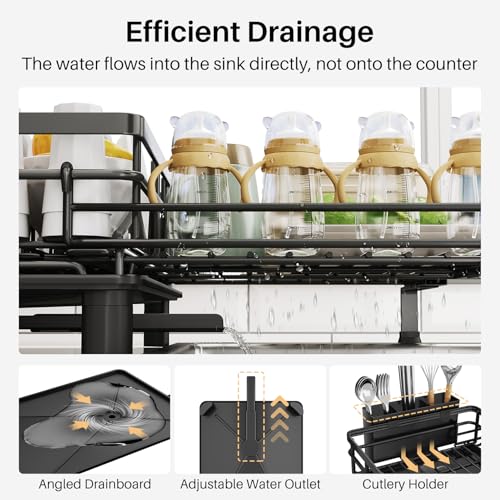 SNTD Dish Drying Rack - Extendable Dish Rack, Large Sink Drying Dish Drainer for Kitchen Counter, Stainless Steel Dish Strainer with Utensil Holder (Black) - color: Black