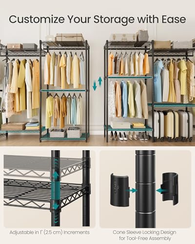 SONGMICS Heavy-Duty Clothes Rack, Garment Rack, Portable Closet, 68.7-Inch Wide Clothing Rack with Adjustable Mesh Shelves and Hanging Rails, Ink Black ULGR433B01 - color: Ink Black, size: 68.7"L x 76"H, style: Without Fabric Cover