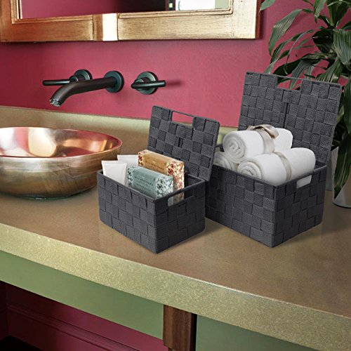 Sorbus Set of 3 Hand-Woven Storage Baskets with Lids – Mesh Organizers for Linen Closet, Shelves, or Home Storage – Variety Pack (Gray) - color: Gray