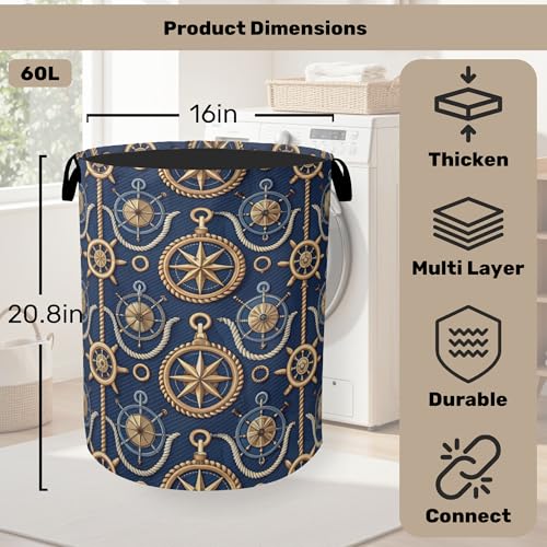 Navy Blue Sailor Anchor Laundry Basket with Handles - Extra Large Foldable Hamper for Bathroom/Laundry/Bedroom/Dorm, Washable Fabric Storage Bin - color: Navy Blue Sailor Anchor