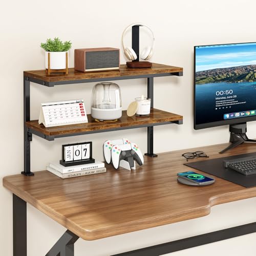 IBUYKE Clamp on Desk Shelf, 22.8” Large Desk Extender Shelves,Tool-Free Flexible Repositioning and Adjustable 2-Tier Storage Shelves for Desktop Accessories Below Desk TMZ010H - color: Brown
