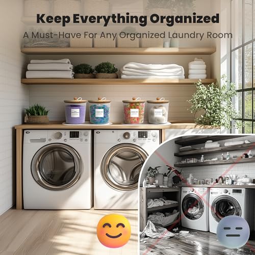 2 Pack Laundry Pods Container,Laundry Room Organization and Storage Jars,Laundry Detergent Container for Powder,Pods,Scent Booster,with Non-Slip PU Leather Pad and Handle,Bamboo Lids,Labels and Scoops - size: 6.4" x 6.5" x 6.5"