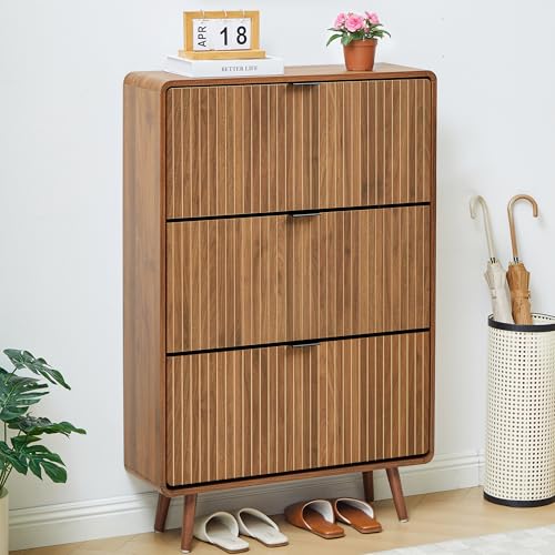 FurSch Fluted 47 Inch Tall Shoe Cabinet with 3 Flip Drawers, Narrow Hidden Shoe Storage Organizer Rack for Entryway Hallway (All Walnut) - color: All Walnut