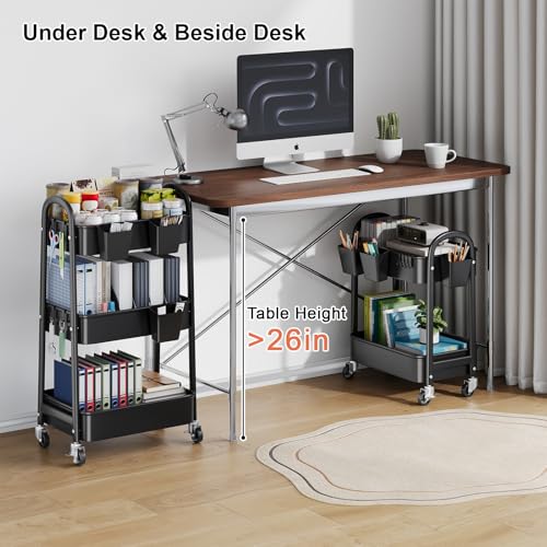 2 Tier Rolling Cart Metal on Wheels, Two Tiered Short Storage Side Table with Wheels, Heavy Duty Under Desk Mobile Trolley, Small Utility Organizer Carts for Craft, Art, Office, Kitchen, Black Basket - color: Matte Black, size: 2 tier