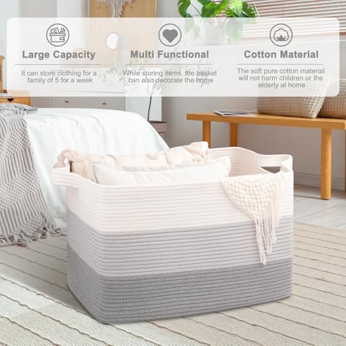 OIAHOMY Extra Large Blanket Basket, 95L Cotton Rope Woven Laundry Basket, Toy Bin for Baby Room, Container for Blanket Storage in Living Room, 24''×17''×14'', Gradient Grey - color: Gradient Grey, size: 95L