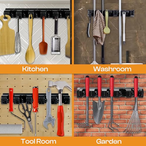 Heavy Duty ABS Plastic Broom Holder with 5 Slots and 6 Hooks | Wall Mount Mop and Broom Hanger | Waterproof Broom Organizer with Screws| Wall Mount Tool Organizer for Garage Storage - size: 5 Slots & 6 Hooks