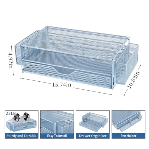 AUPSEN Computer Monitor Stands Riser，2-Tier Desk Organizers and Accessories, Office Desk Accessories Organizer with Drawers and 2 Pen Holder for Office Supplies (Blue) - color: Blue Metal