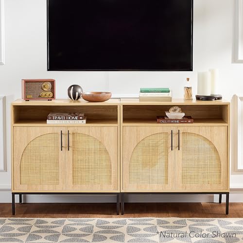 Best Choice Products Rattan Sideboard Buffet Cabinet, Entryway Table, Accent Storage Cabinet, Console Table for Hallway, Living Room, Dining Room - White - color: Arched Rattan, White