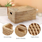 Hipiwe Rattan Basket With Lid Rectangular Lidded Basket Natural Hand-Woven Wicker Storage Basket Bin for Shelf Organizing Picnic Food Bread Table Storage Basket, 15.1 x 11.2 x 7.3 inch - size: 15.1"L x 11.2"W x 7.3"H