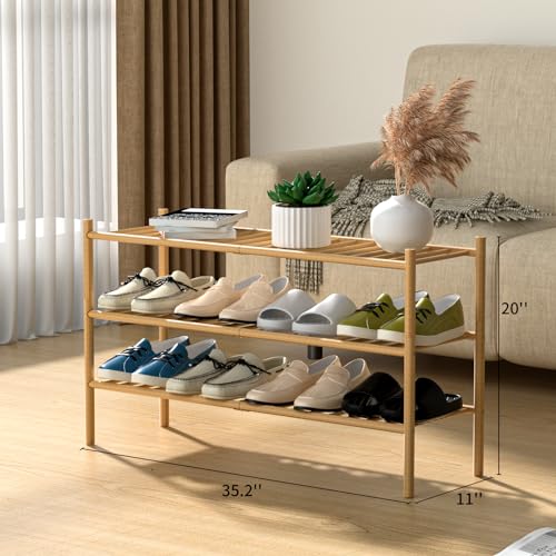 ROMGUAR CRAFT 3-Tier Bamboo Long Shoe Rack, Free Standing Wood Shoe Shelf Storage Organizer for Closet Entryway Stackable 35"x11"x20" (Natural) - color: Natural, size: 3-Tier(Long)