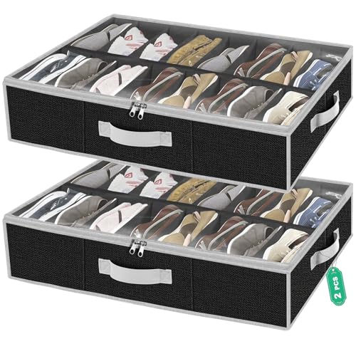 homyfort Under the Bed Shoe Storage Organizer for Closet, Extra Large Underbed Shoe Container, 2 Pack Fits 32 Pairs, Black - color: Black
