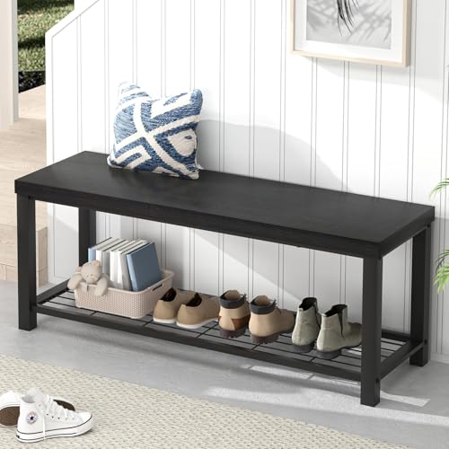 EXCEFUR Entryway Bench, Modern Wood and Metal Storage Bench for Hallway Front Door Entrance, Industrial Indoor Shoe Rack Bench Seat for Bedroom Living Room, 43.3 Inch Black - color: Black, size: 2-Tier