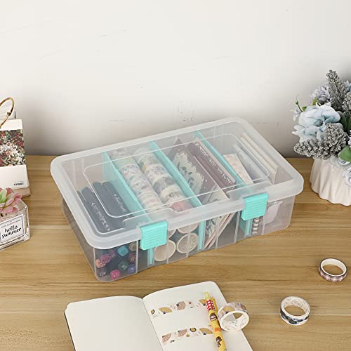 BTSKY Clear Plastic Dividing Storage Box with 4 Compartments Adjustable Storage Bin with Lid Plastic Craft Storage Container Multipurpose Sewing Box Art Supply Organizer, 13.3x8.1x3.4 Inches - size: 13.3x8.1x3.4 Inches-Clear