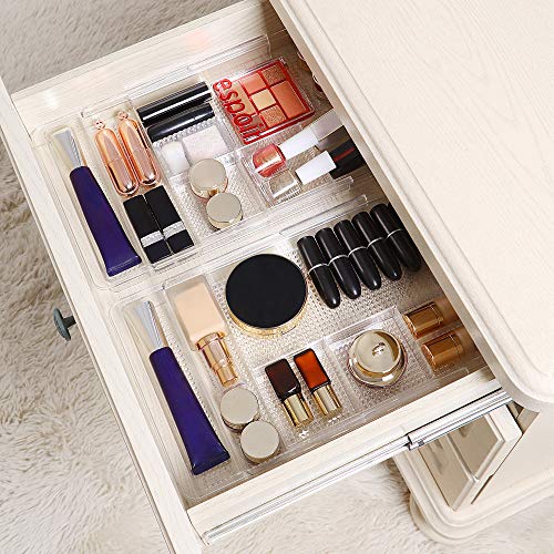 Oubonun Expandable Drawer Organizer 11.1” to 19.2” Width, Shallow Cosmetic Organizer 1.3” Height, 4 Packs, Clear Plastic Storage Trays for Dressing Table,Bathroom - style: Shallow 4 Packs