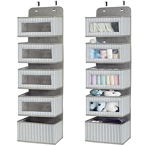 Over the Door Hanging Organizer with 5 Large Pockets - Wall Mount Pantry Storage with Clear PVC Window & 2 Big Metal Hooks for Closet,Bathroom,Nursery,Bedroom,Dorm,Baby Diapers,Kids Toys (Gray) - color: Branch Pattern Grey
